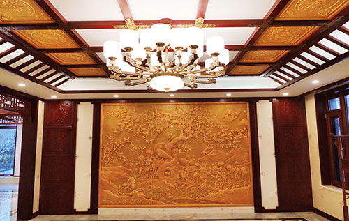 青浦中式别墅客厅中式木作横梁吊顶装饰展示