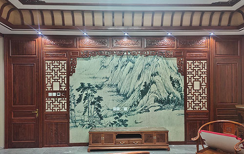 青浦中式仿古别墅客厅背景墙花格木作装饰
